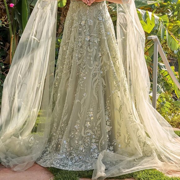 New Rhinestones Embellished Mesh MOB Gown w/ Cape Sleeves & Layered Skirt GL3838 - Picture 9 of 14